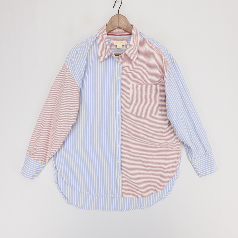 Maeve Button Up Shirt Womens M Blue Striped Colorblock Oversized Long Sleeve